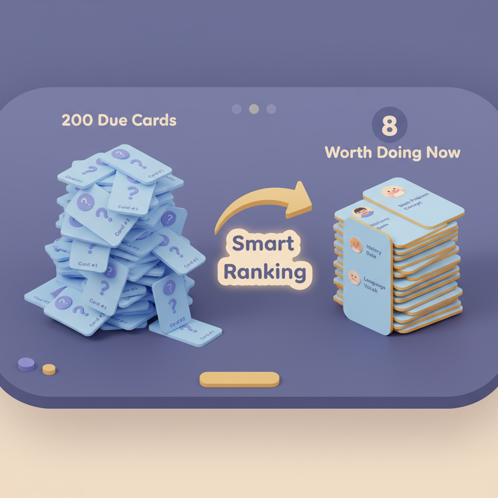 Section 1 illustration: Smart Review Queue: How Qwizflow Ranks 200 Due Cards Down To 8 Worth Doing Now